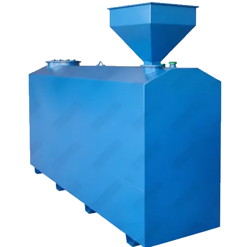 Une cuve-à-huile bleue aérienne d'une capacité de 4800 litres. Ce modèle métallique à double paroi est équipé d'un entonnoir carré en forme de pyramide inversée à l'avant pour le transvasement d'huile en toute sécurité.