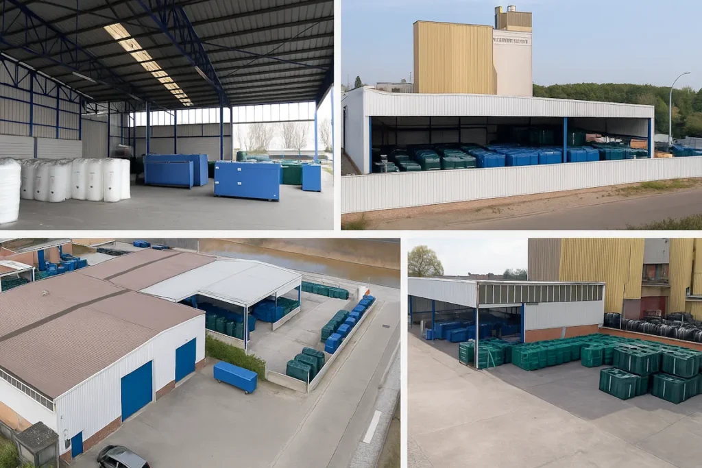 Collage van het magazijn en buitenterrein van Bollaert in Wetteren met mazouttanks, waaronder bovengrondse mazouttanks, en kunststof opslagtanks in voorraad.