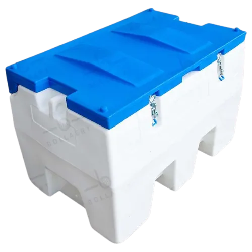 Compacte en mobiele mazouttank van kunststof met een blauw deksel, ideaal om kleinere hoeveelheden diesel veilig te vervoeren.