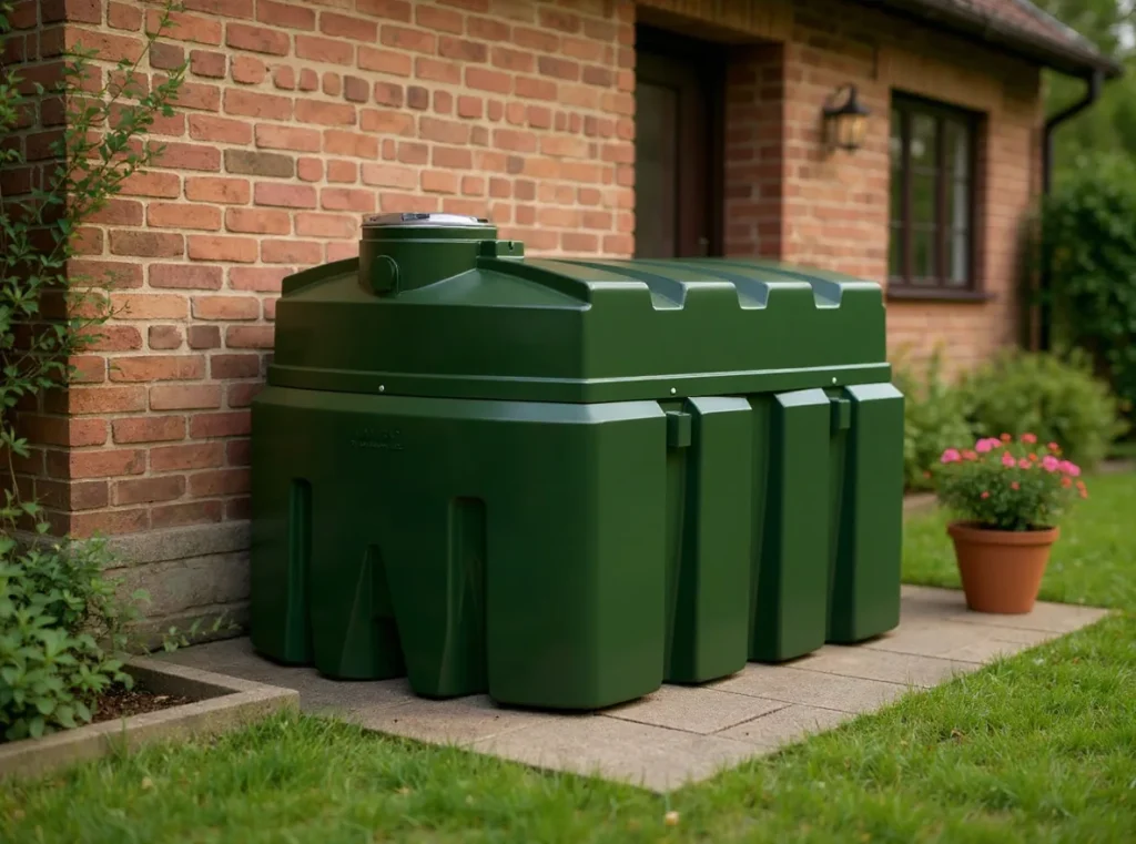 Cuve à mazout aérienne en plastique vert installée à l’extérieur d’une maison en Wallonie – modèle Bollaert conforme et facile à installer