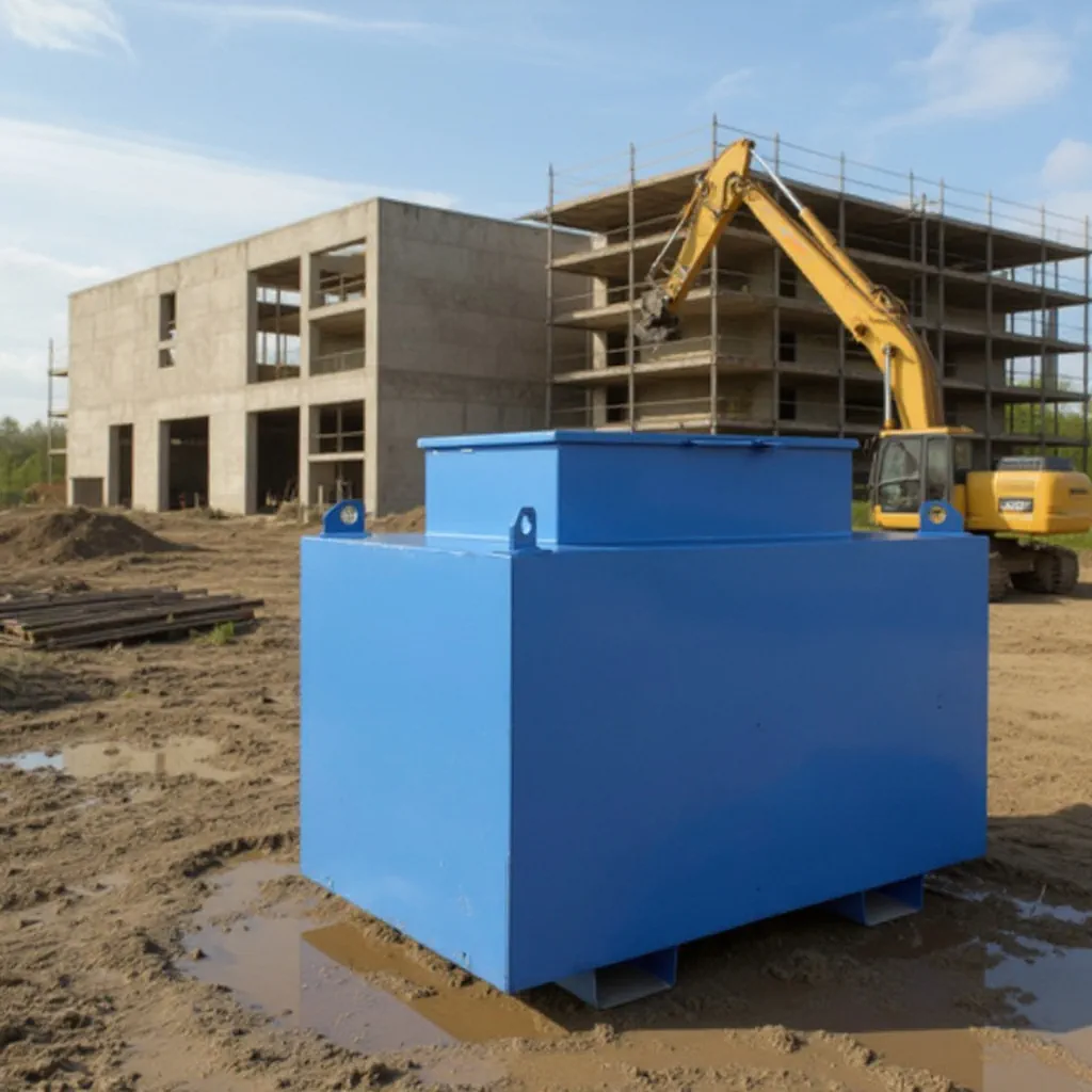 Cuve à mazout mobile en acier bleu utilisée sur un chantier de construction – modèle Bollaert robuste conforme aux normes ADR, idéale pour les cuves-chantier