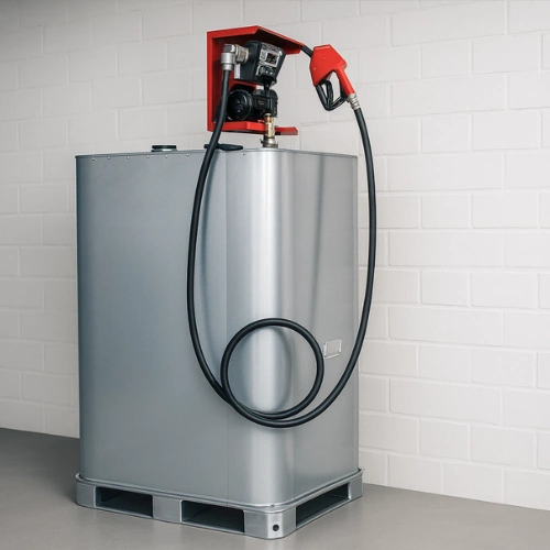 Cuve à mazout galvanisée de 1000 litres avec pompe et pistolet de distribution, installée à l’intérieur sur palette pour le ravitaillement en diesel.