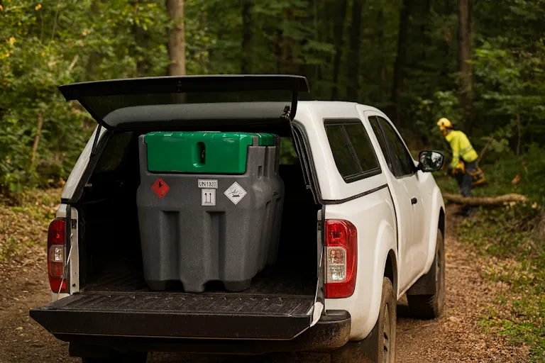 Pick-up transportant une cuve de chantier homologuée dans un chemin forestier, illustrant l’ADR transport cuve chantier Wallonie
