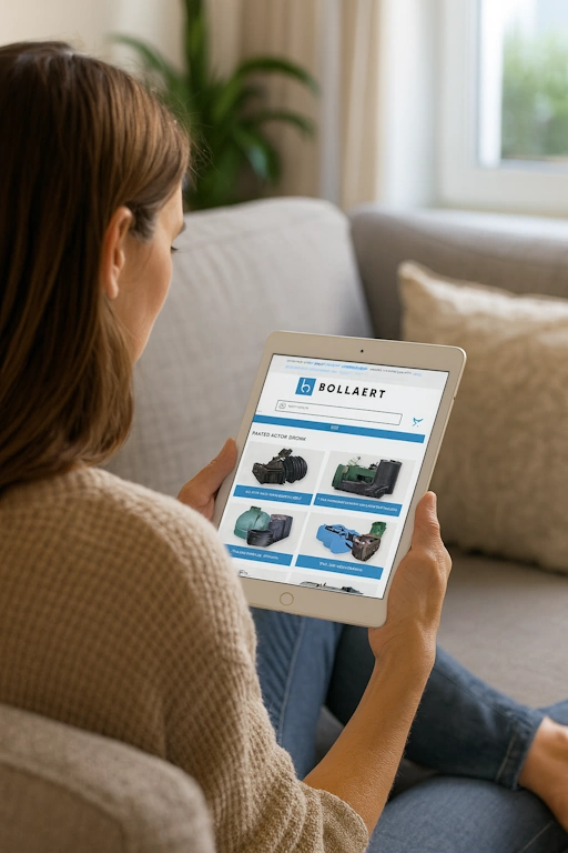 Femme assise dans son salon, regardant sur sa tablette le site cuve.be pour comparer le citerne à mazout prix et choisir une citerne à mazout double paroi en ligne.