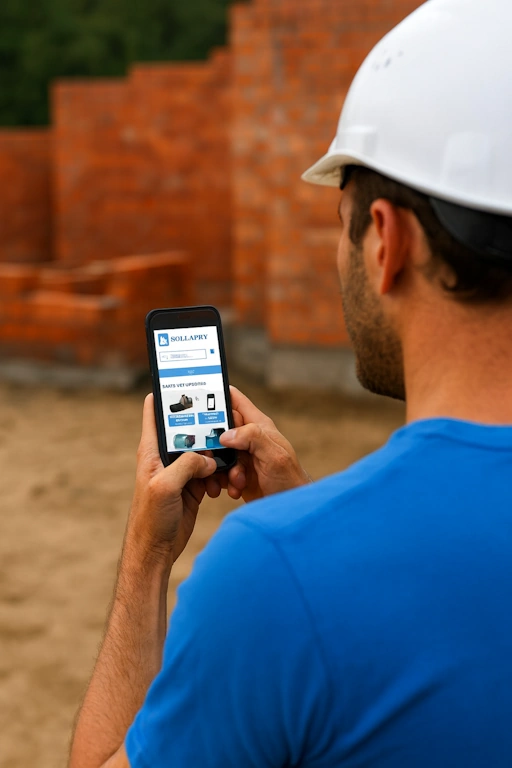 Ouvrier de chantier consultant sur son smartphone le site cuve.be pour comparer le citerne à mazout prix et commander une citerne à mazout double paroi.