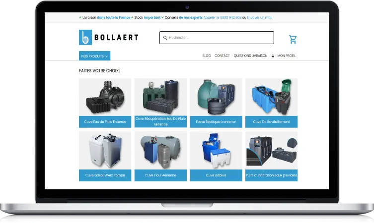Vue sur le webshop Bollaert montrant différentes citernes, idéal pour comparer le citerne à mazout prix et choisir une citerne à mazout double paroi en ligne.