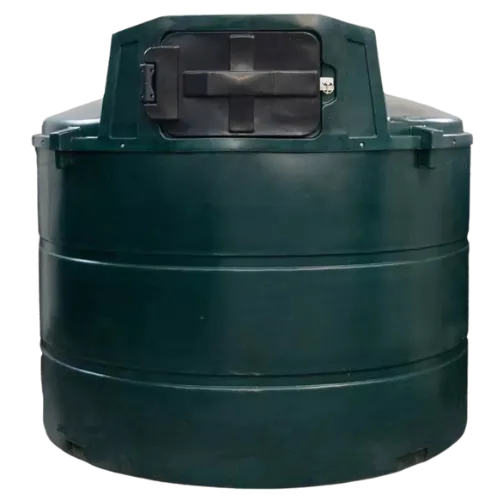 Grande citerne mazout aérienne (3550L) en plastique vert double paroi, résistante aux UV. Idéale pour l'extérieur.