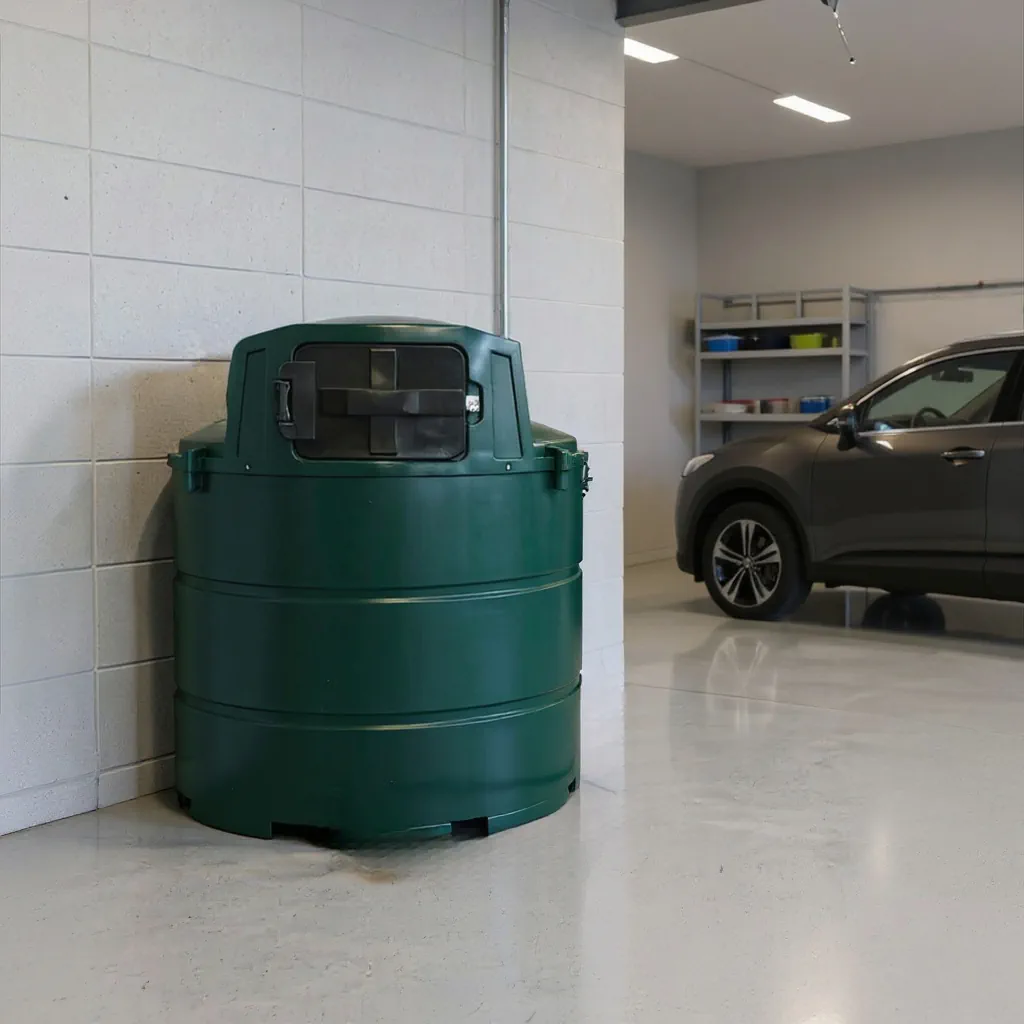 Citerne à mazout intérieure en plastique dans un garage conforme au contrôle citerne mazout en Wallonie