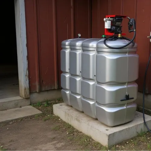 Contrôle citerne mazout Wallonie sur une cuve à mazout avec pompe installée à côté d’un hangar de ferme.