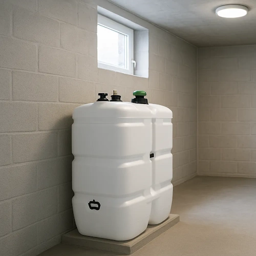 Installation de chauffage au mazout conforme AGW Wallonie : cuve double paroi et chaudière compacte dans une cave propre.