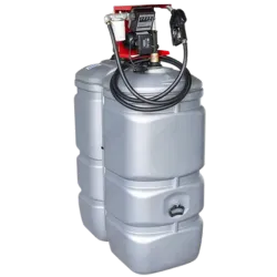Cuve à mazout avec pompe en PE gris de 750 litres, compacte, résistante aux UV et livrée prête à l’emploi.