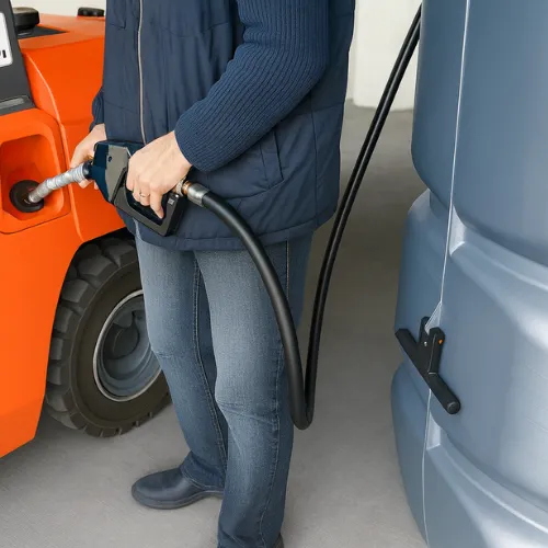 Opérateur remplissant un chariot élévateur avec une cuve à mazout avec pompe intérieure, scène typique de contrôle citerne mazout Wallonie sur site professionnel.