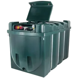 Cuve à mazout en PE vert équipée d’un coffret de pompe verrouillable, résistante aux UV et prête à l’emploi pour fioul blanc ou rouge.