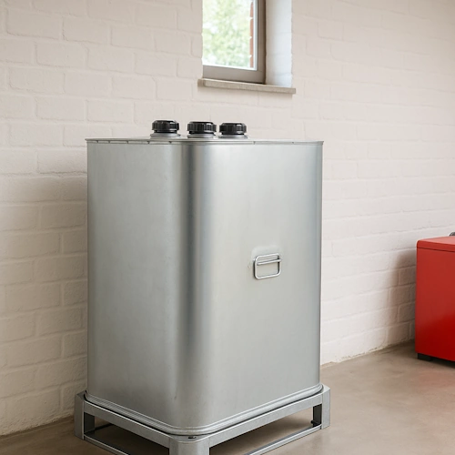 Réglementation citerne mazout : une cuve galvanisée double paroi pour le chauffage, installée en intérieur et conforme aux normes en Wallonie.