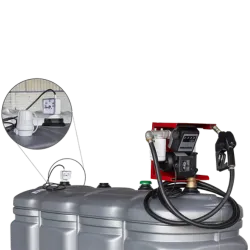 Équipement standard d’une cuve à mazout avec pompe : flexible, compteur, filtre Cim-Tek et système anti-débordement avec sonde.