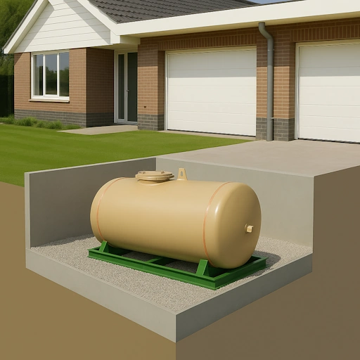 Législation citerne à mazout région wallonne : visualisation d'une cuve en acier enterrée pour le chauffage, soumise à des contrôles d'étanchéité réguliers.