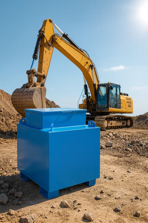 Cuve de chantier en acier bleue devant une pelleteuse sur un chantier, illustrant la législation citerne à mazout région wallonne pour le stockage de mazout