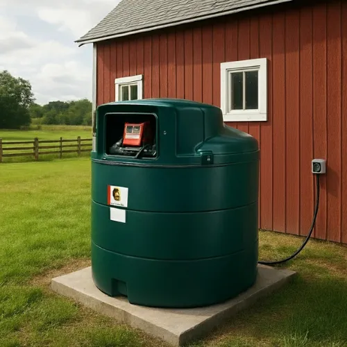 Citerne à mazout avec pompe verte installée à l’extérieur d’une ferme, illustrant la législation citerne à mazout Région wallonne.