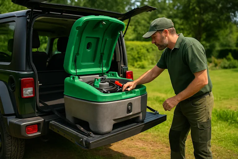 Un jardinier vérifiant sa cuve mobile dans l'arrière d'un véhicule, illustrant l'exemption ADR 1000 litres.