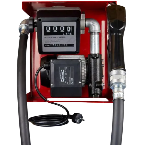 Pompe à mazout 220V en cadre ouvert avec compteur, débit 40–60 l/min pour cuves fixes.