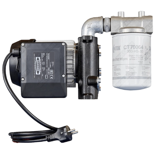 Pompe à mazout 220V standalone avec filtre, débit 40 à 60 l/min, pour cuves fixes.