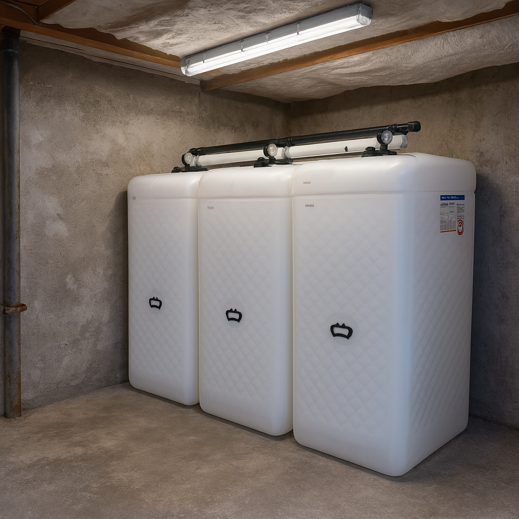 citerne à mazout double paroi installée en cave dans une maison familiale, composée de trois réservoirs jumelés pour le chauffage