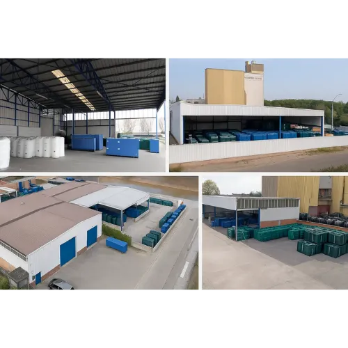 Site Bollaert cuve à Wetteren avec entrepôts couverts et vaste aire de stockage pour citernes.