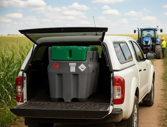 Un pick-up blanc transportant une cuve mobile (type Truckmaster) dans une carrière, illustrant l'une des questions essentielles pour le client : "Disposez-vous d’une camionnette, d’un pick-up ou seulement d’une remorque ?", ce qui détermine le type de cuve à privilégier.