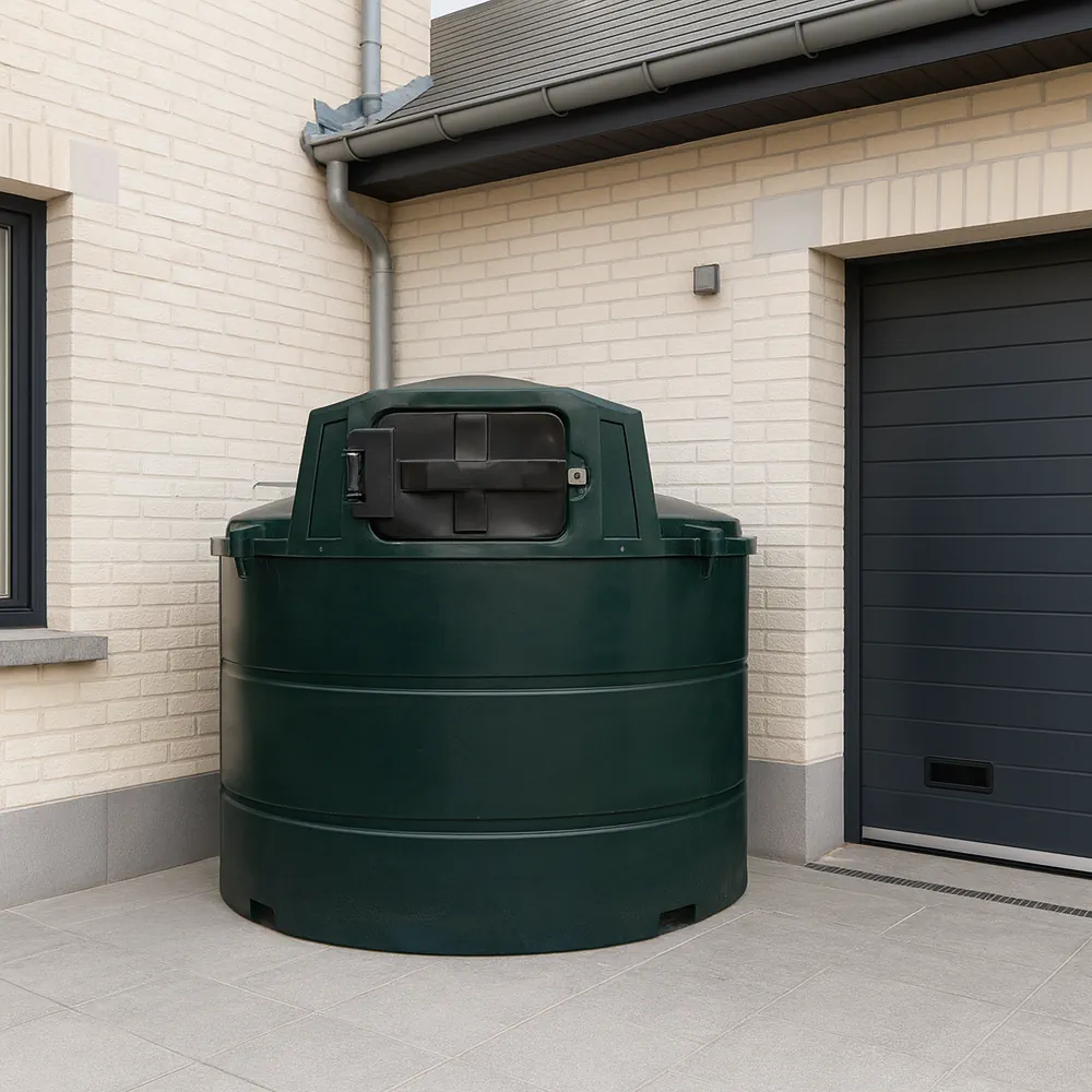 Citerne à mazout double paroi installée à l’extérieur d’une maison en Wallonie, placée près de la porte de garage