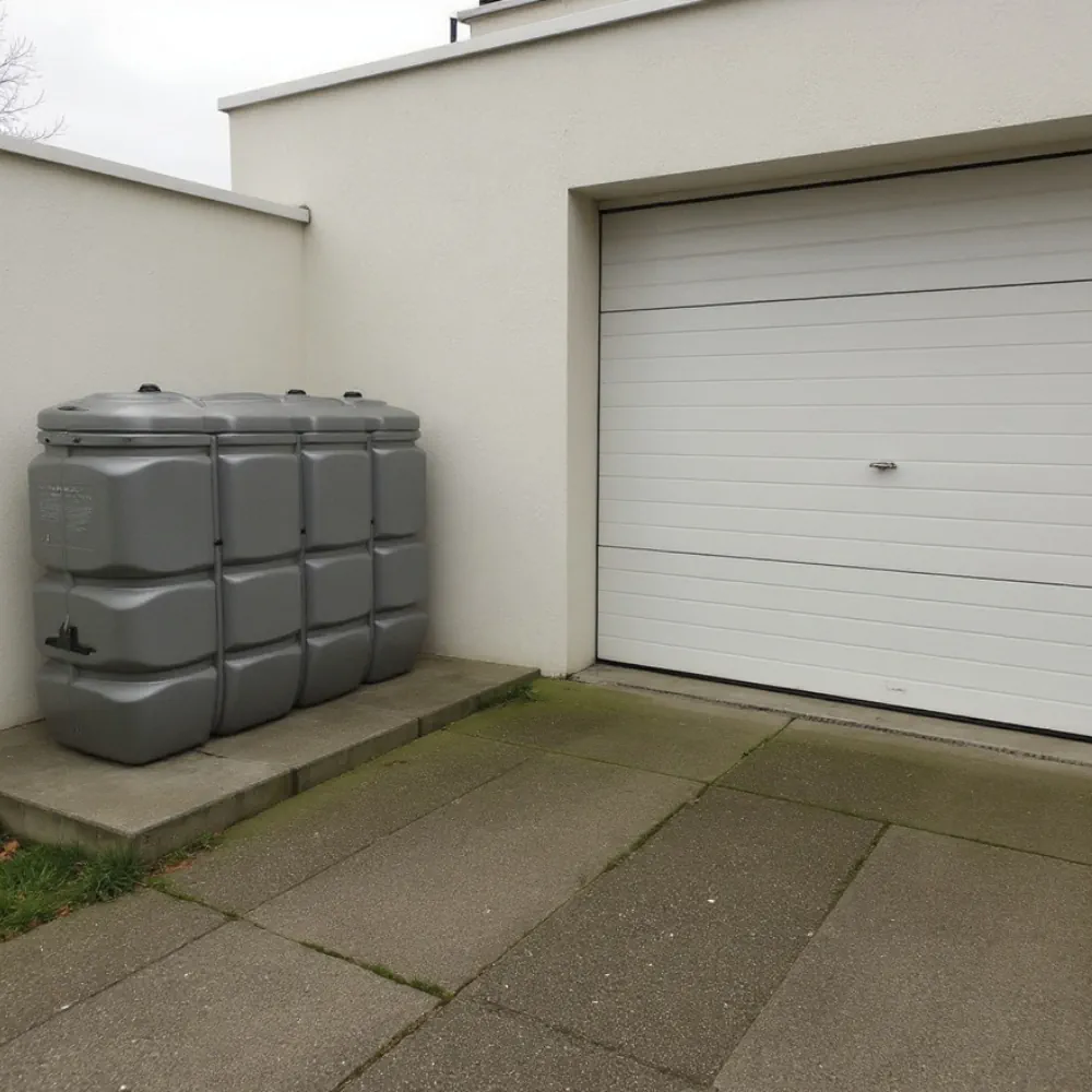citerne a mazout double paroi grise installée à l’extérieur d’une maison, près du garage.