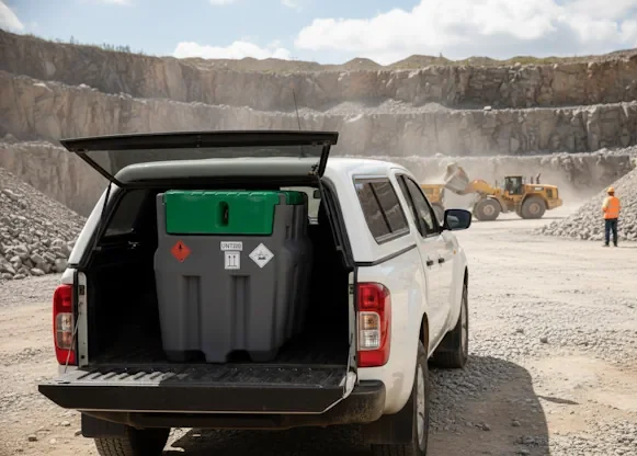 Cuve à mazout mobile type Truckmaster, transportée dans le plateau d'un pick-up dans une carrière, illustrant le transport de carburant facilité vers les engins de chantier lourds (pelles, chargeurs) pour un ravitaillement rapide sur site.
