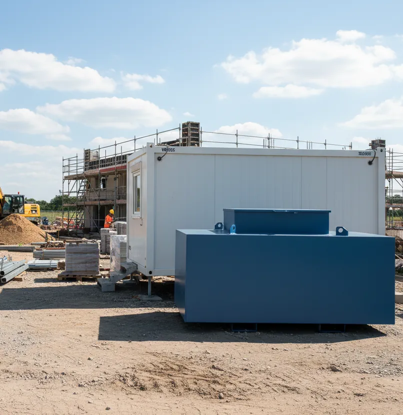 Cuve de chantier en acier bleue de 2100 litres pour le transport de carburant et le ravitaillement, positionnée à côté d'une base vie de chantier (bungalow) sur un site de construction extérieur.