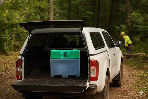 Cuve mobile ADR en polyéthylène gris et vert, transportée dans le plateau d'un pick-up, illustrant le transport de carburant facilité directement sur le chantier pour ravitailler les engins.
