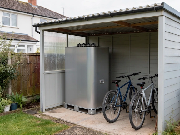 Location citerne mazout : cuve aérienne installée sous un abri de jardin, placement simple et protégé