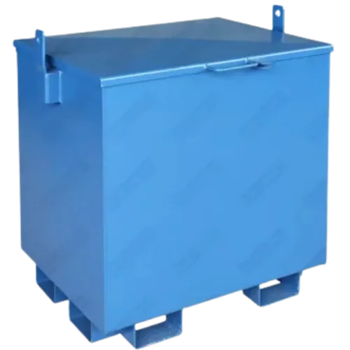 Cuve de chantier mobile en acier de 400 litres, avec couvercle verrouillable. Réservoir robuste bénéficiant de la dispense ADR pour le transport de carburant diesel en Wallonie.