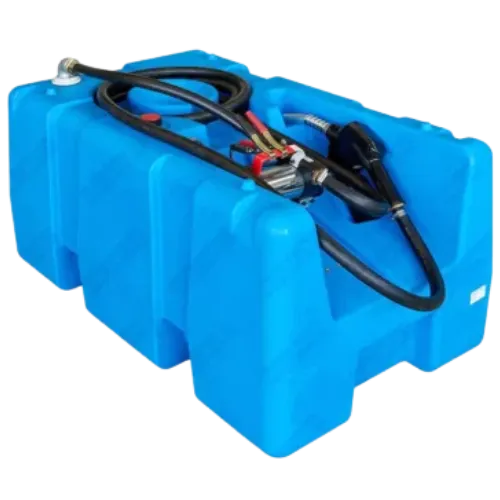 Petite cuve à mazout mobile en polyéthylène bleu de 200 litres avec pompe et pistolet de distribution pour le ravitaillement sur chantier.