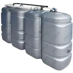Cuve à mazout double paroi UV résistante en jumelage 2×1000 L, vue de côté (longueur) avec raccordement supérieur.