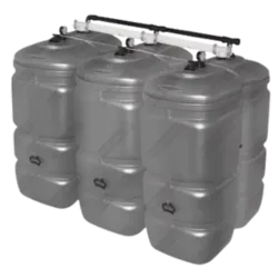 Citerne à mazout jumelée 3×750 L (env. 2250 L), double paroi, vue de face avec collecteur sur le dessus.