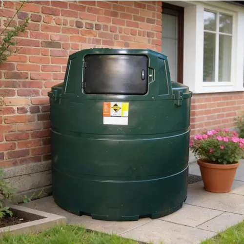 Citerne à mazout double paroi de 2350 litres installée à l'extérieur contre le mur d'une habitation.