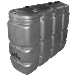 Cuve à mazout monobloc 2000 L double paroi UV résistante, vue en perspective avec sorties et raccords.