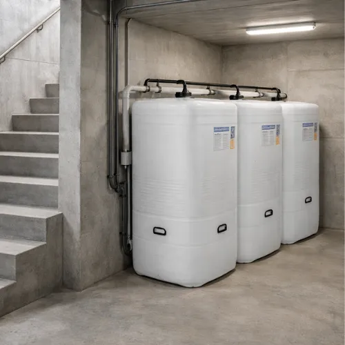 Citerne à mazout carrée haute capacité de 2250 litres installée dans une cave de maison individuelle.